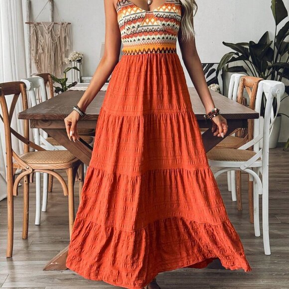 Orange Boho Women's Vacation Style Geometric Stripe Contrast Color Layered Dress - Picture 6 of 6